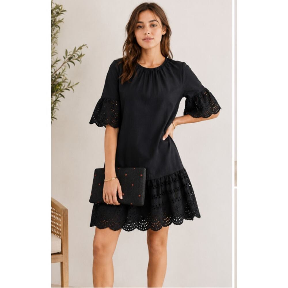 Madewell Black Eyelet Mini Dress Sz S Cotton Shift Scalloped Minimalist Parisian